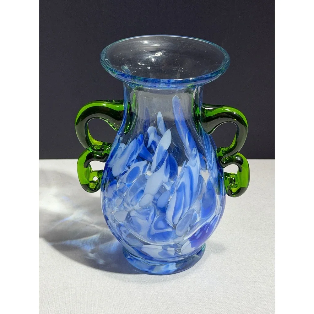 Pier 1 Imports Blue white Swirl Hand Blown Glass Vase with Green Handles